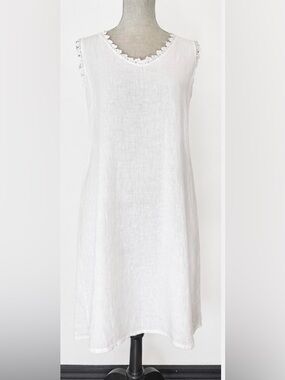 Bellambra White Linen Sleeveless Lace-Trim Shift Dress Size XS